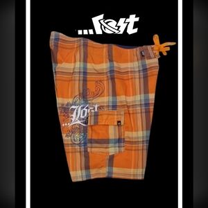 Vintage Lost Board Shorts size 40 Orange Plaid Retro Active Skate Surf
